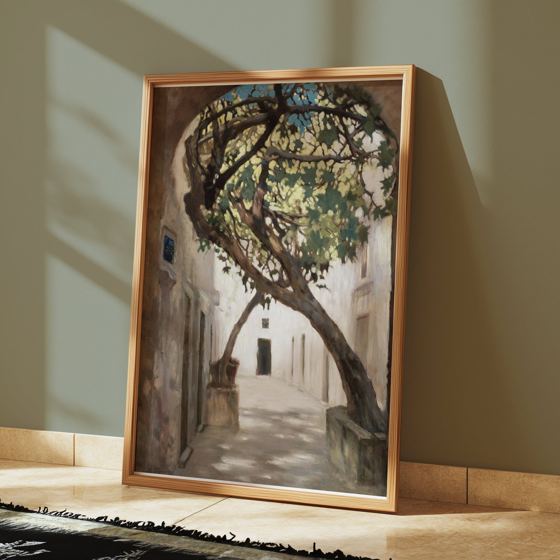 Premium Poster of Tranquil Sunlit Alleyway with Overhanging Tree Posters