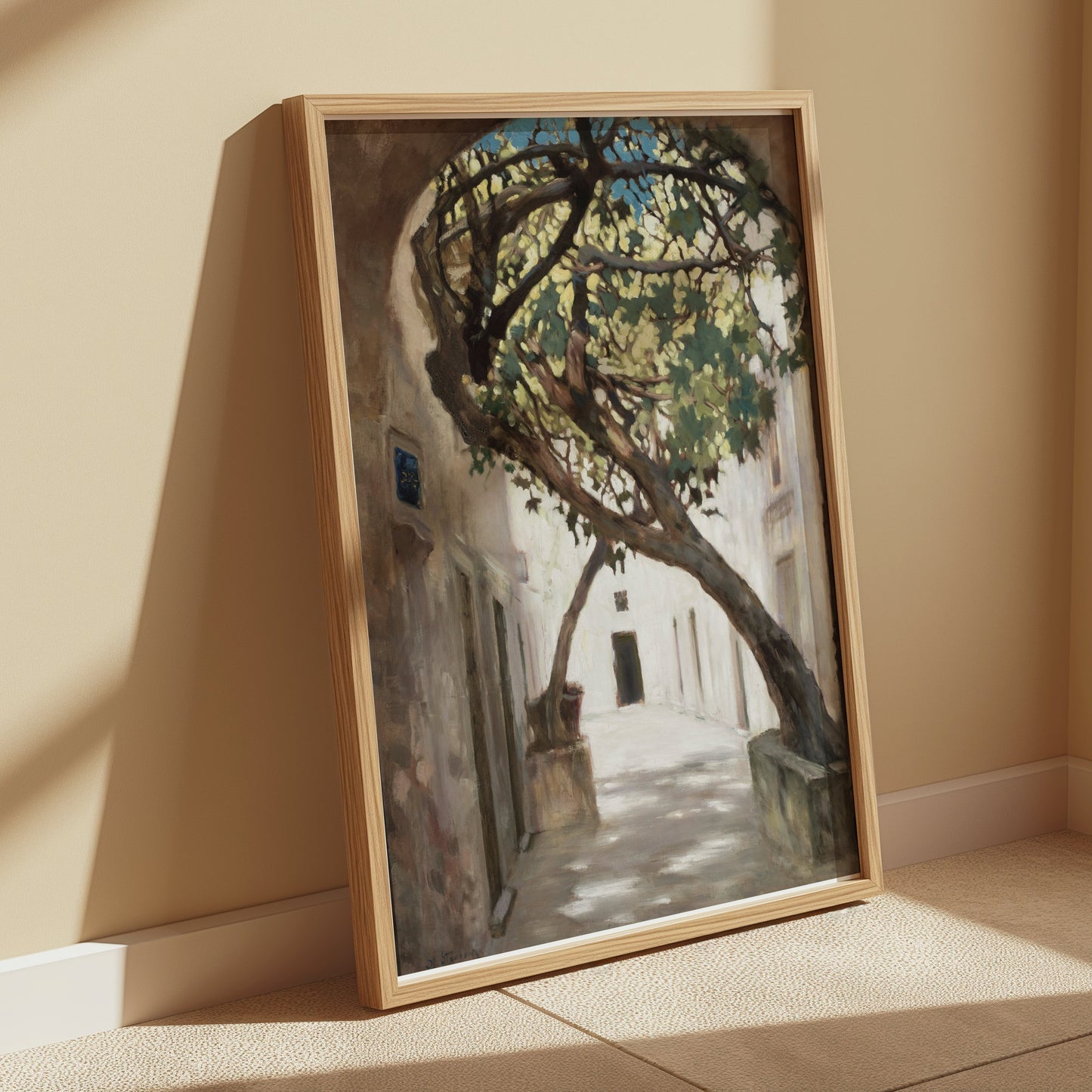 Premium Poster of Tranquil Sunlit Alleyway with Overhanging Tree Posters