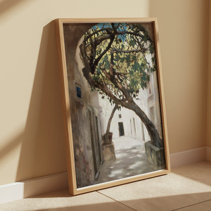 Premium Poster of Tranquil Sunlit Alleyway with Overhanging Tree Posters