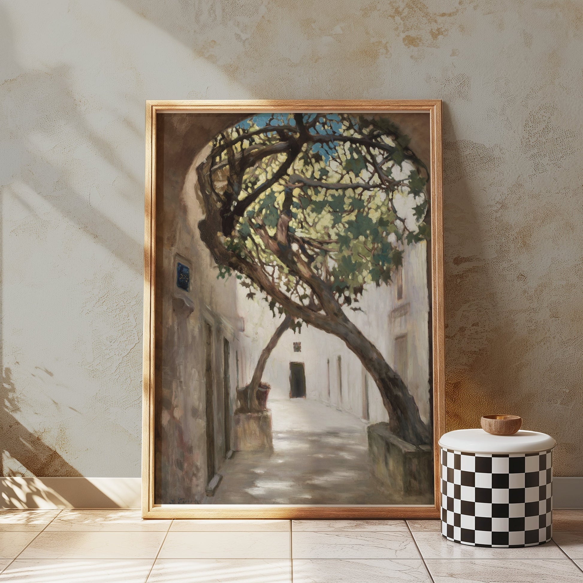 Premium Poster of Tranquil Sunlit Alleyway with Overhanging Tree Posters