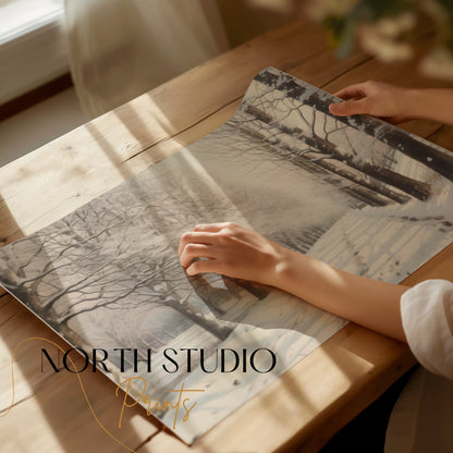 Premium Poster of Tranquil Winter Snow Covered Forest Pathway Posters