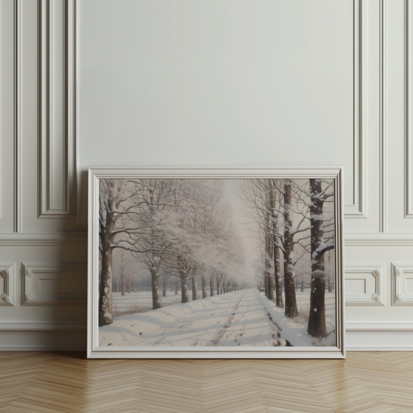 Premium Poster of Tranquil Winter Snow Covered Forest Pathway Posters