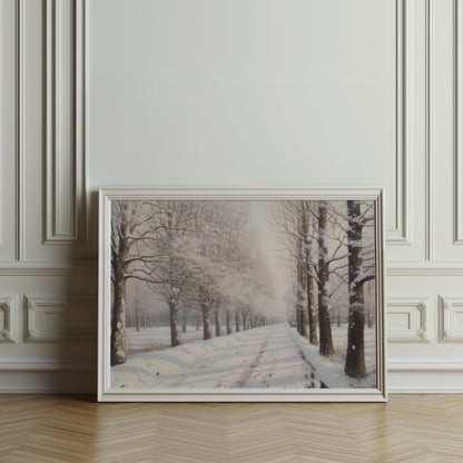 Premium Poster of Tranquil Winter Snow Covered Forest Pathway Posters