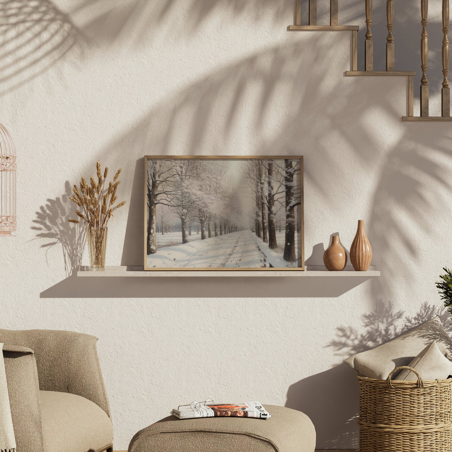 Premium Poster of Tranquil Winter Snow Covered Forest Pathway Posters