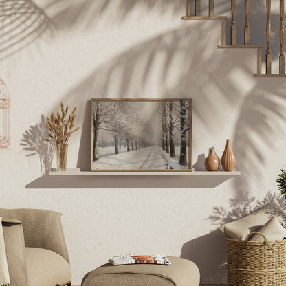 Premium Poster of Tranquil Winter Snow Covered Forest Pathway Posters