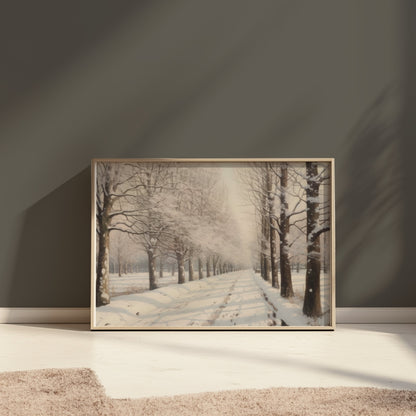 Premium Poster of Tranquil Winter Snow Covered Forest Pathway Posters