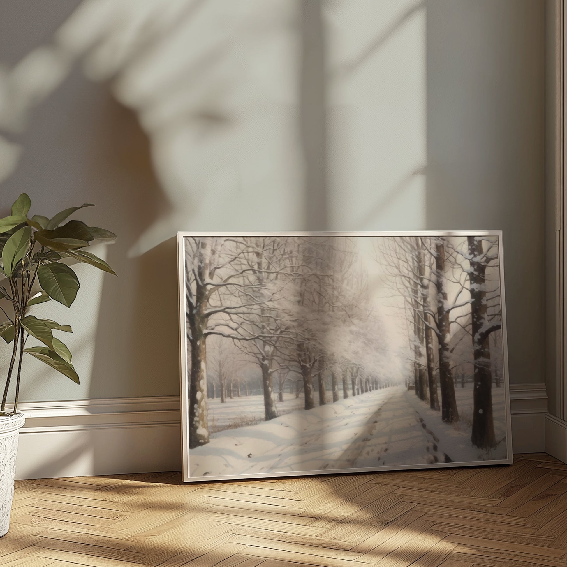 Premium Poster of Tranquil Winter Snow Covered Forest Pathway Posters