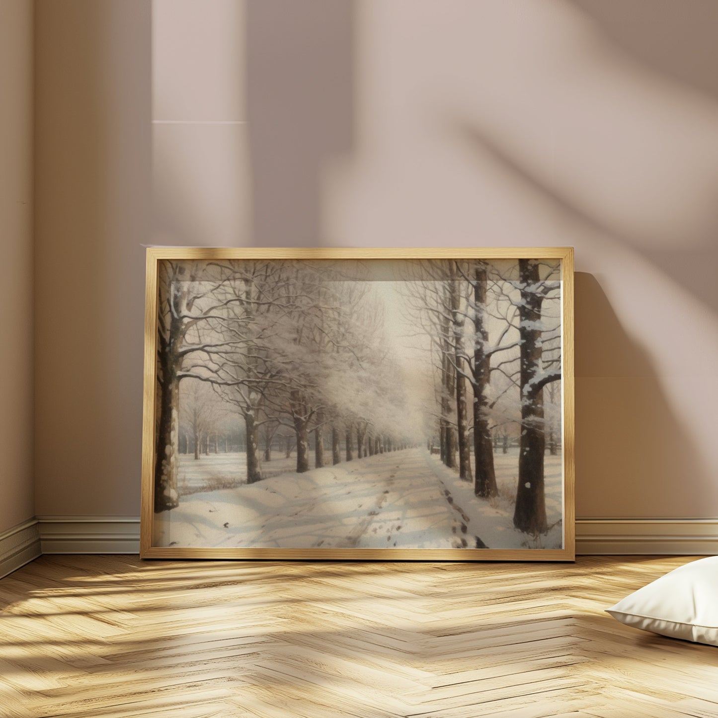 Premium Poster of Tranquil Winter Snow Covered Forest Pathway Posters