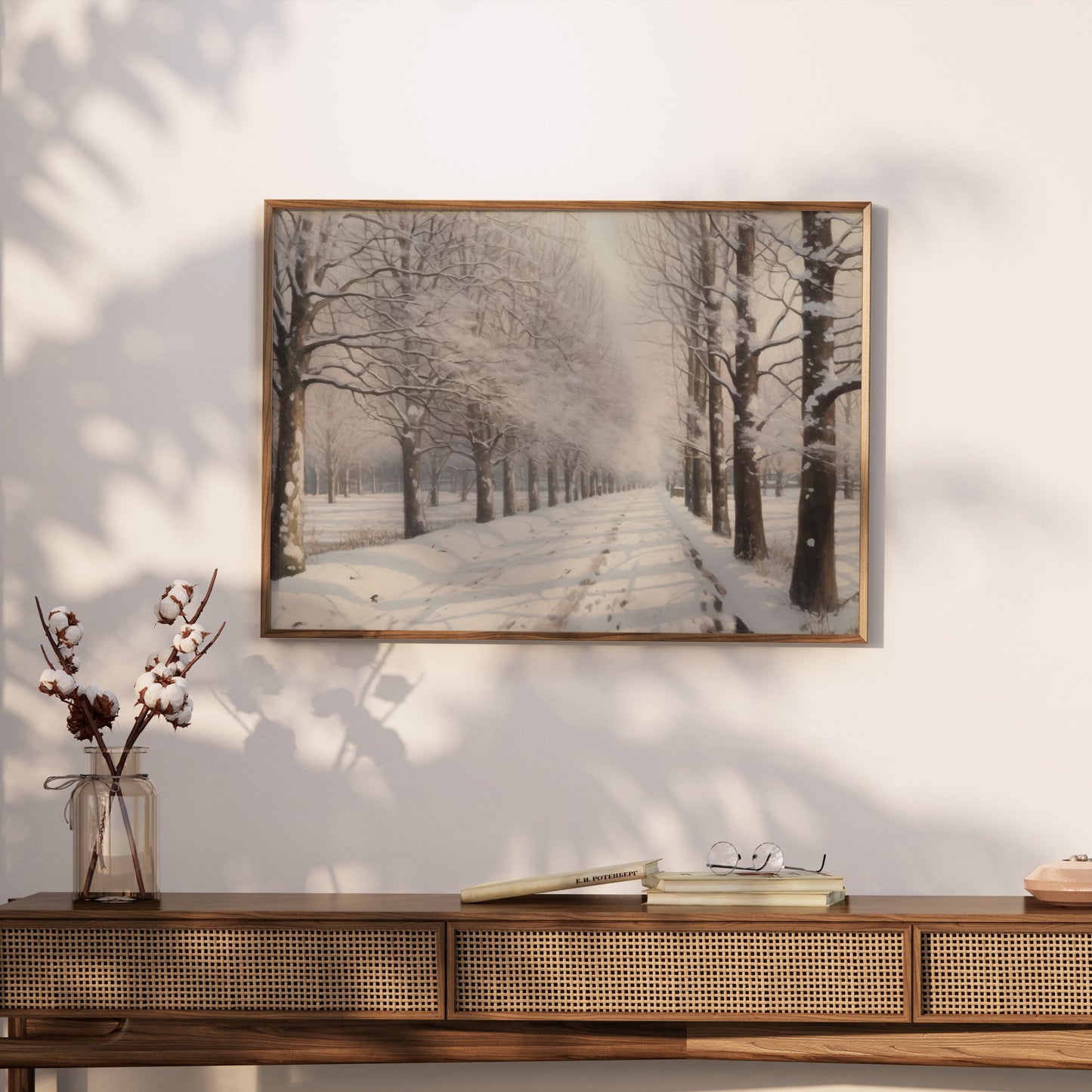 Premium Poster of Tranquil Winter Snow Covered Forest Pathway Posters