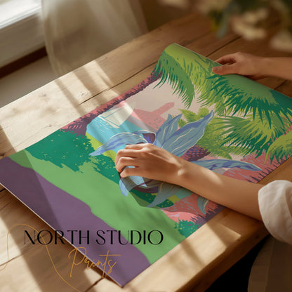 Premium Poster of Tropical Coastal Scene with Sailing and Plant Posters