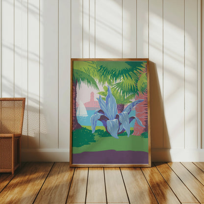 Premium Poster of Tropical Coastal Scene with Sailing and Plant Posters