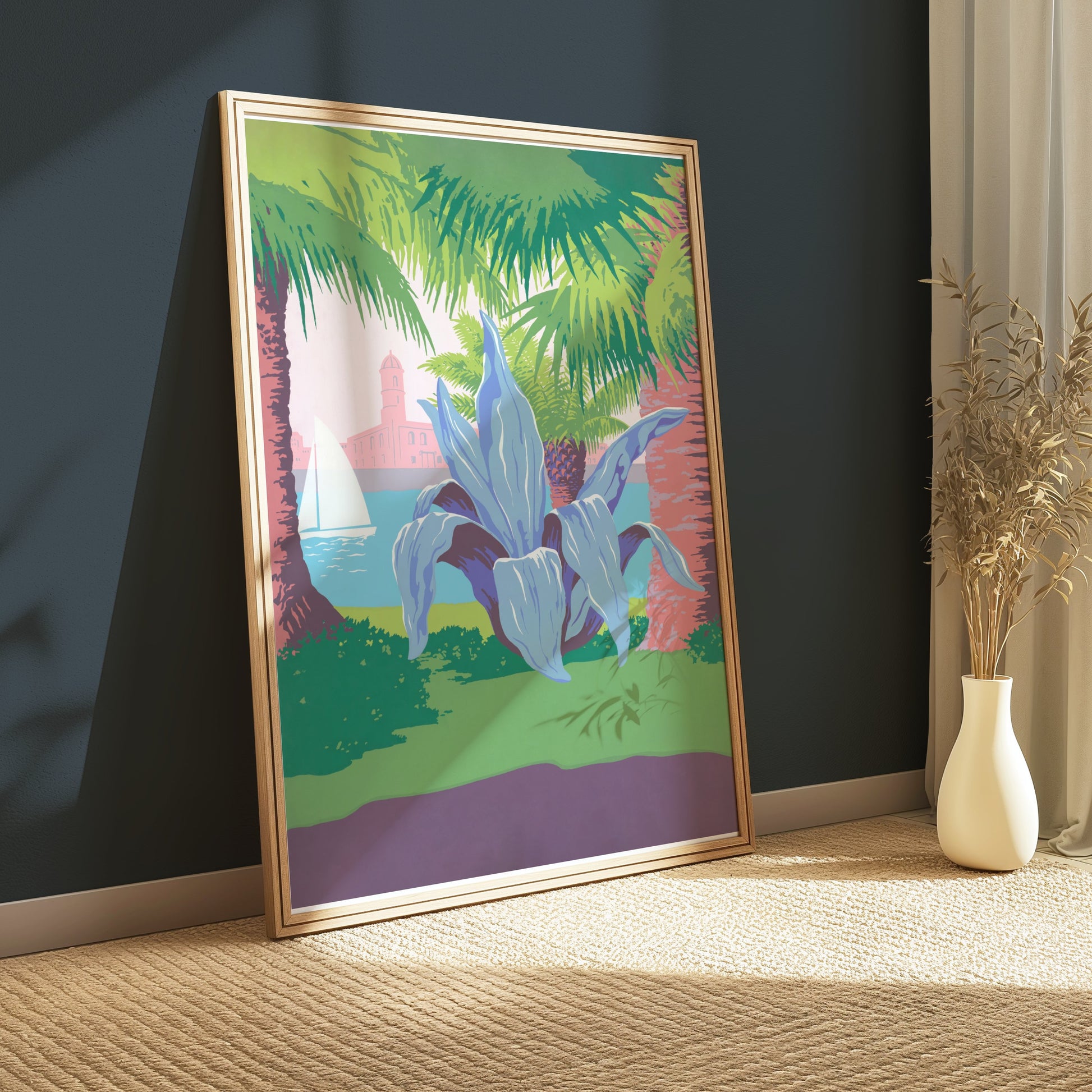 Premium Poster of Tropical Coastal Scene with Sailing and Plant Posters