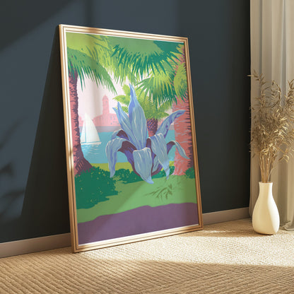 Premium Poster of Tropical Coastal Scene with Sailing and Plant Posters