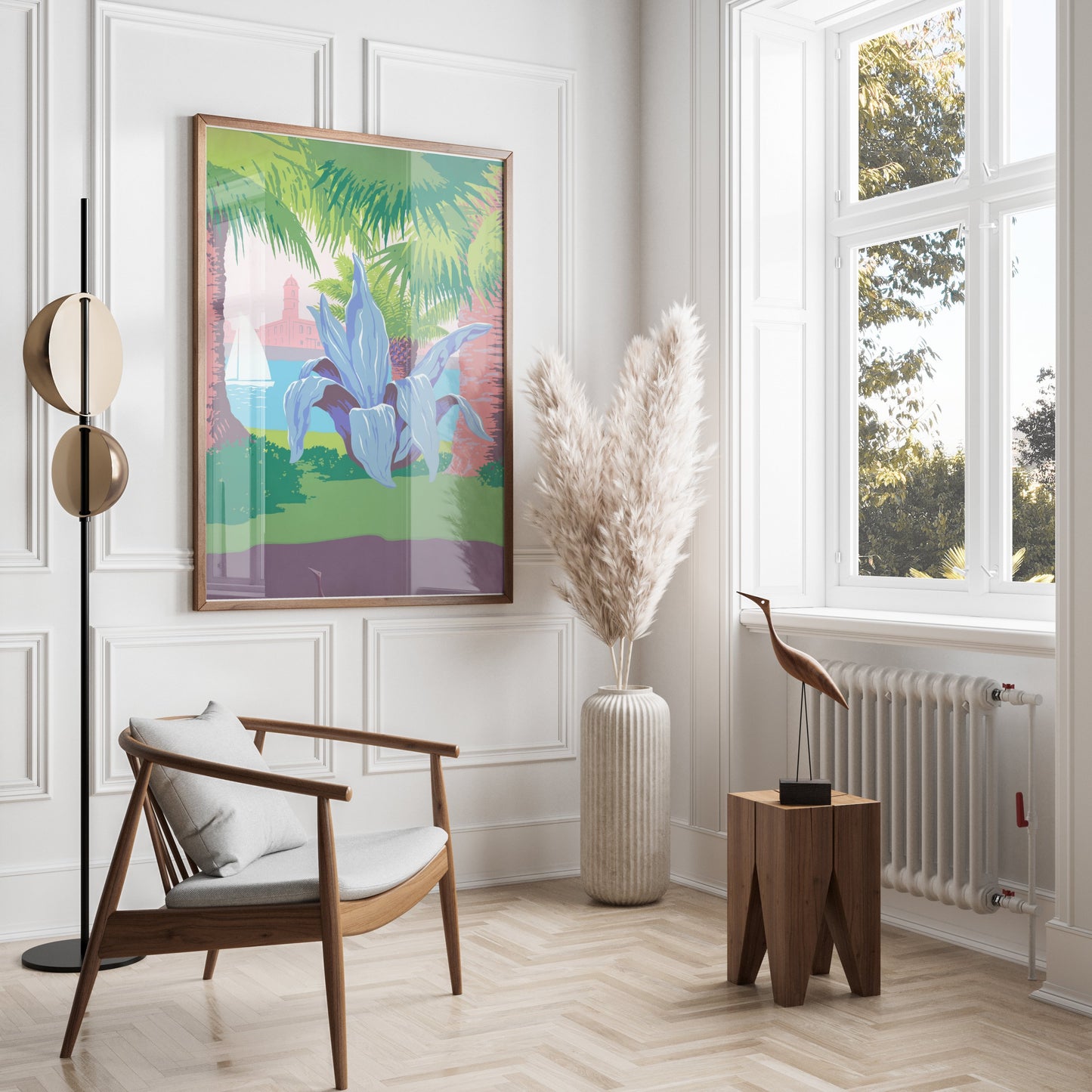 Premium Poster of Tropical Coastal Scene with Sailing and Plant Posters