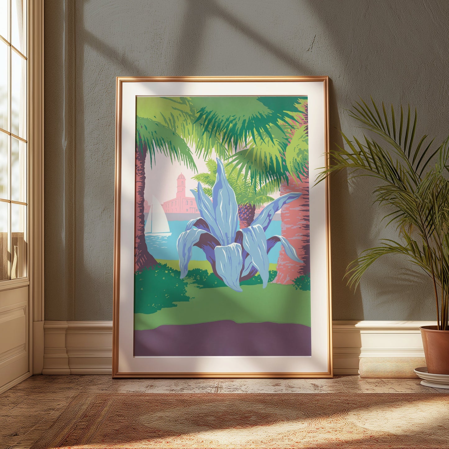 Premium Poster of Tropical Coastal Scene with Sailing and Plant Posters