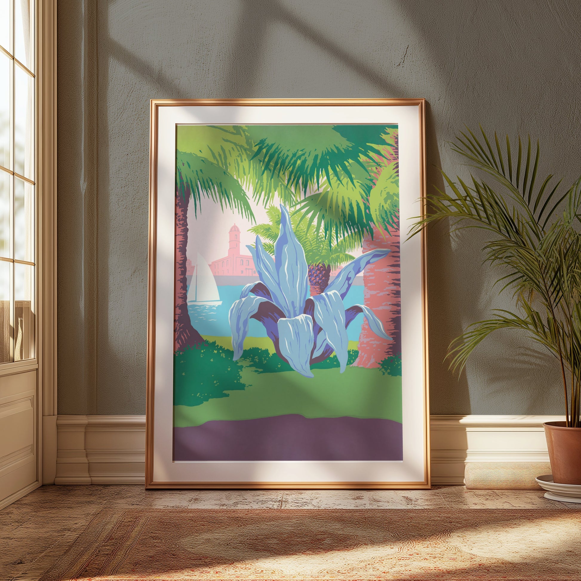 Premium Poster of Tropical Coastal Scene with Sailing and Plant Posters
