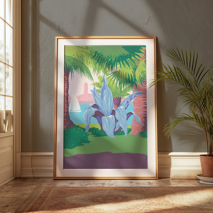 Premium Poster of Tropical Coastal Scene with Sailing and Plant Posters