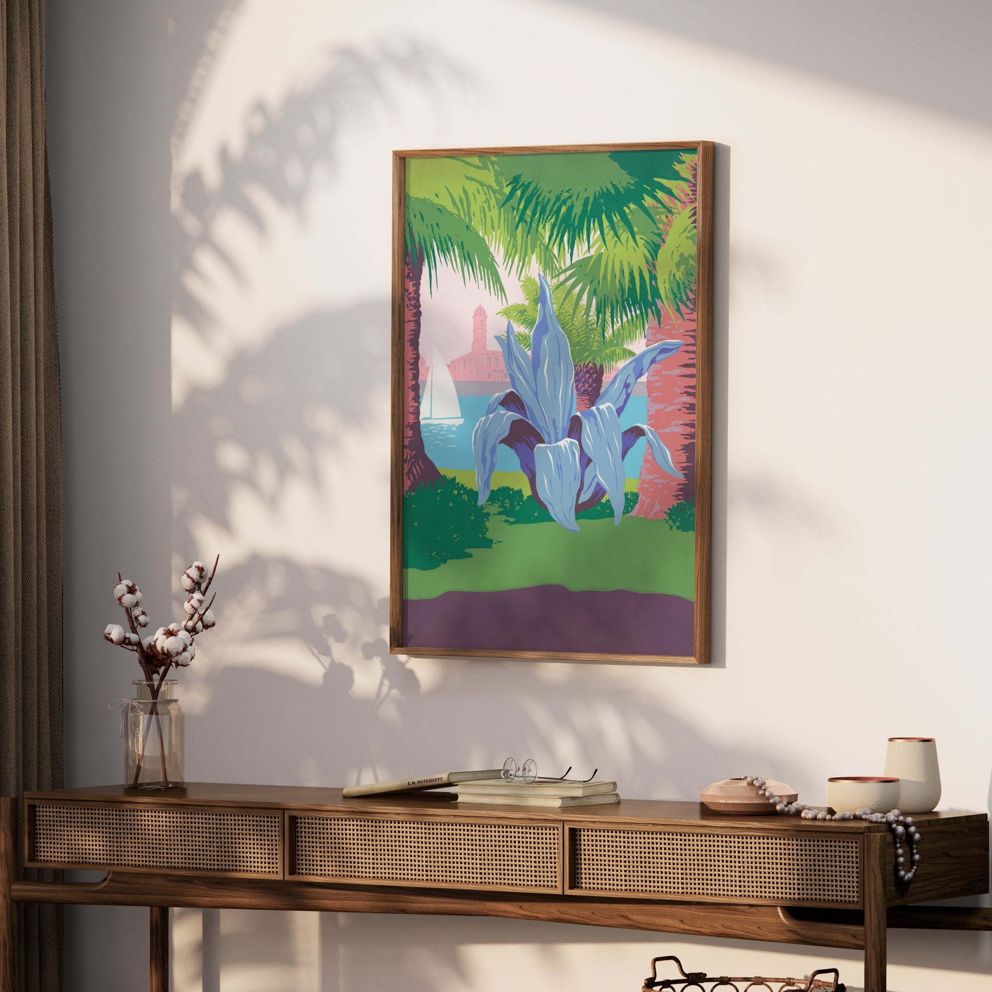 Premium Poster of Tropical Coastal Scene with Sailing and Plant Posters