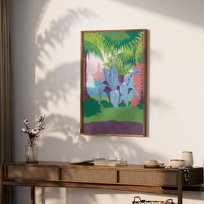 Premium Poster of Tropical Coastal Scene with Sailing and Plant Posters