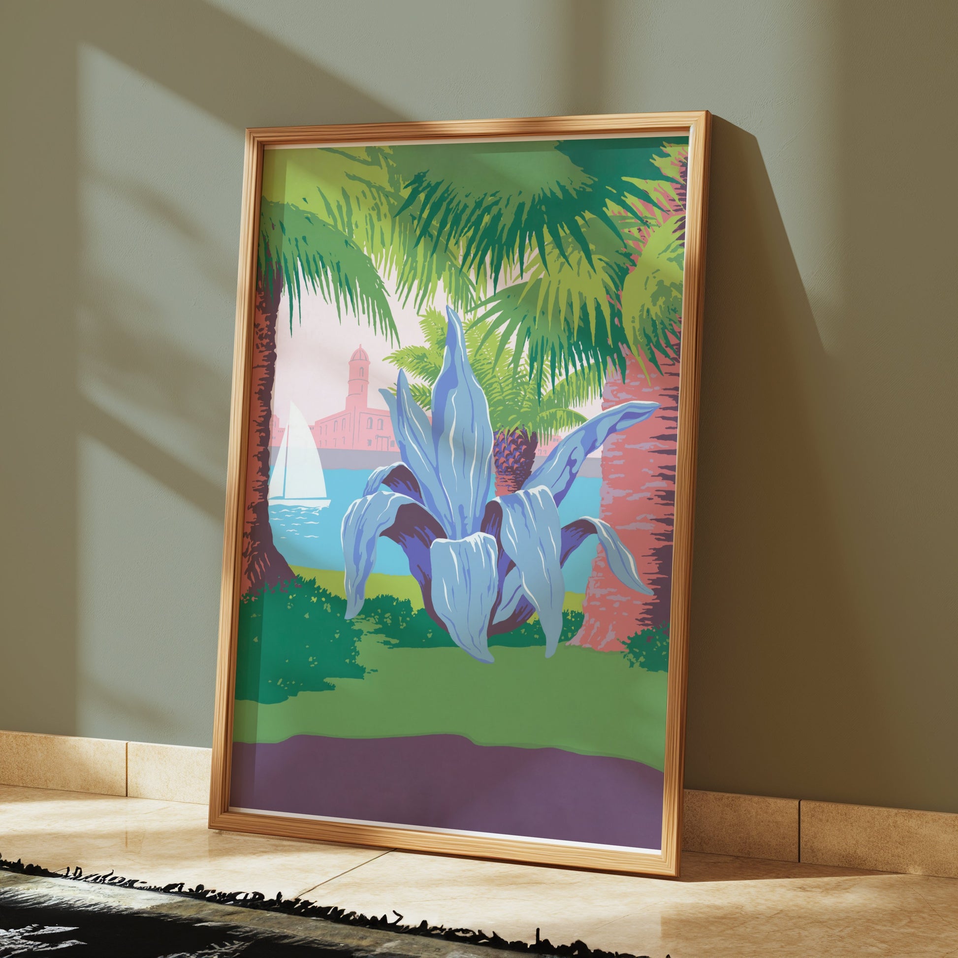 Premium Poster of Tropical Coastal Scene with Sailing and Plant Posters