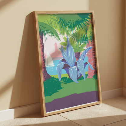 Premium Poster of Tropical Coastal Scene with Sailing and Plant Posters