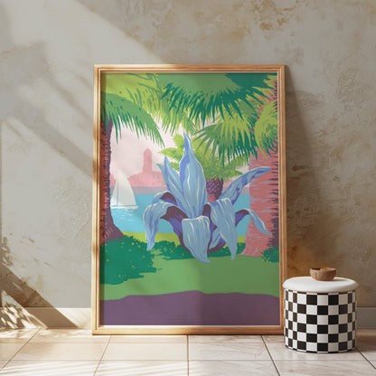 Premium Poster of Tropical Coastal Scene with Sailing and Plant Posters