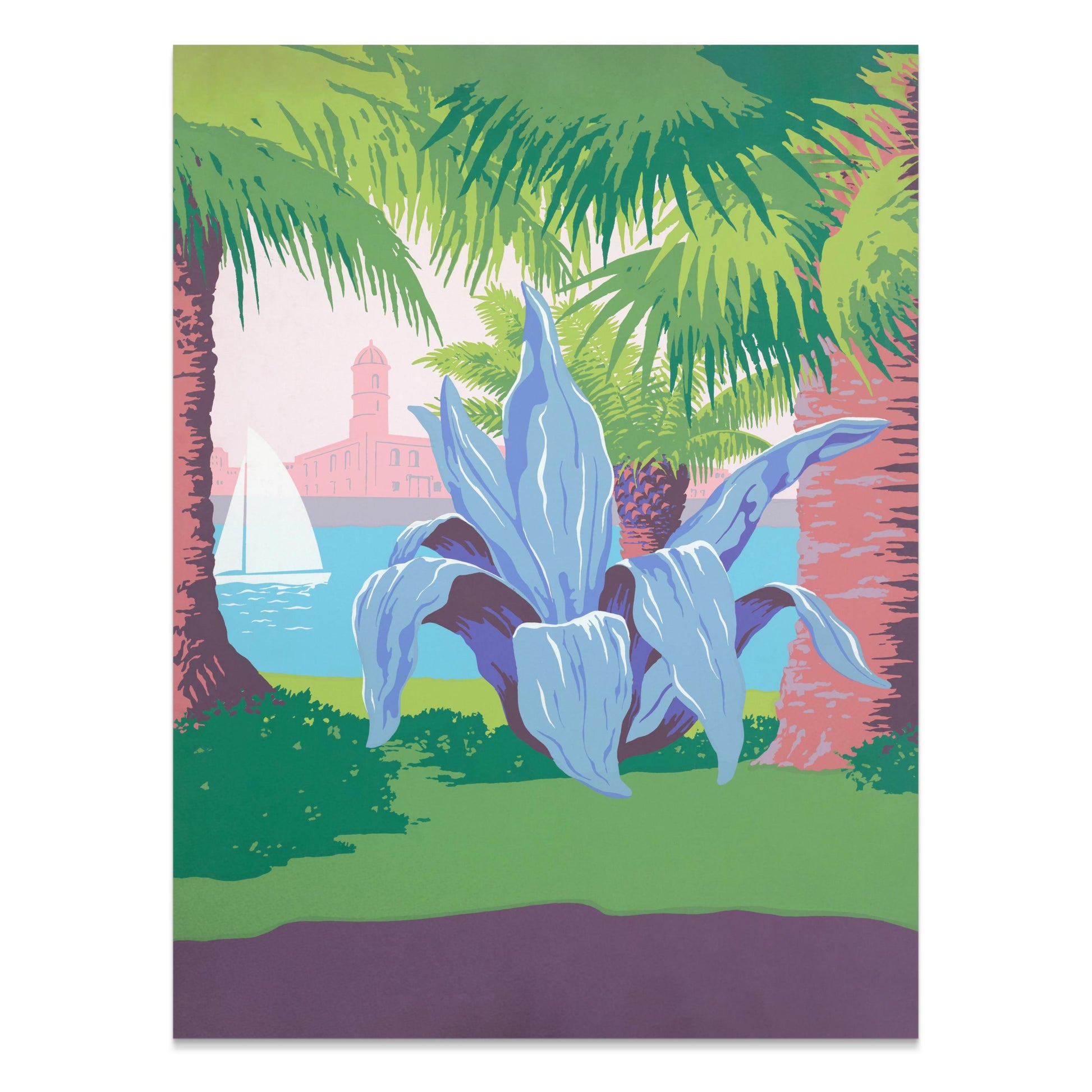 Premium Poster of Tropical Coastal Scene with Sailing and Plant Posters