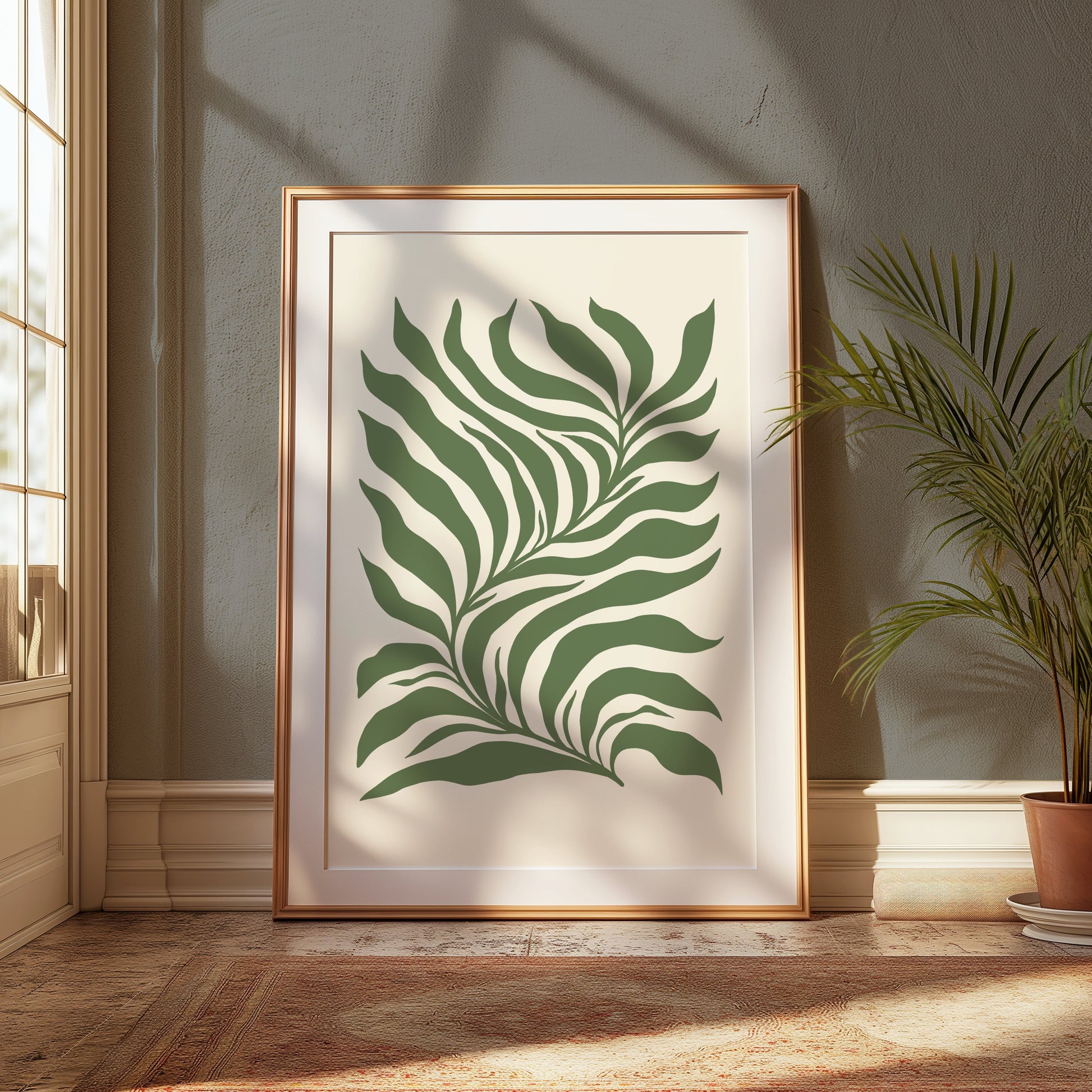 Premium Poster of Tropical Leaf Pattern Art Green and Beige Aesthetic Posters