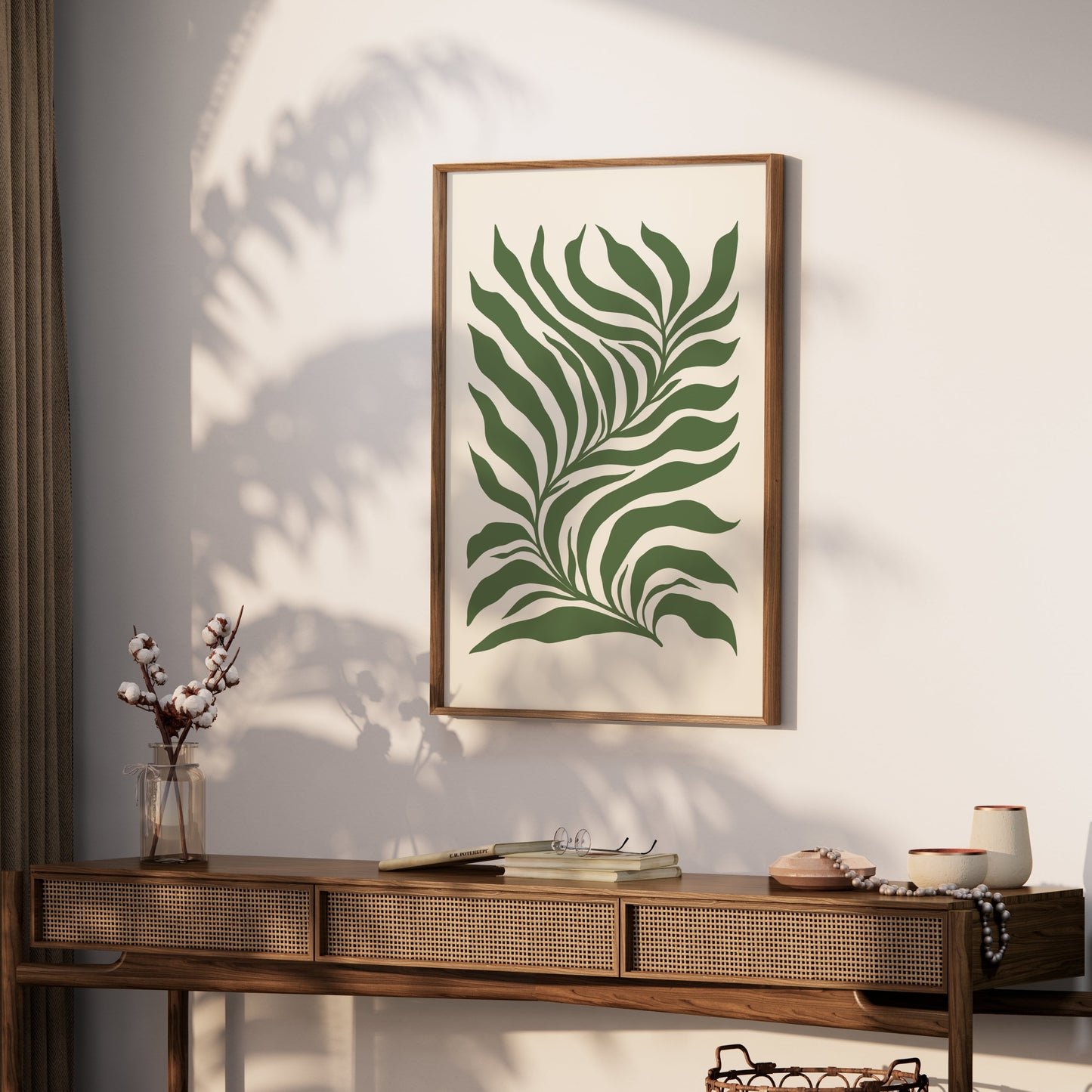 Premium Poster of Tropical Leaf Pattern Art Green and Beige Aesthetic Posters