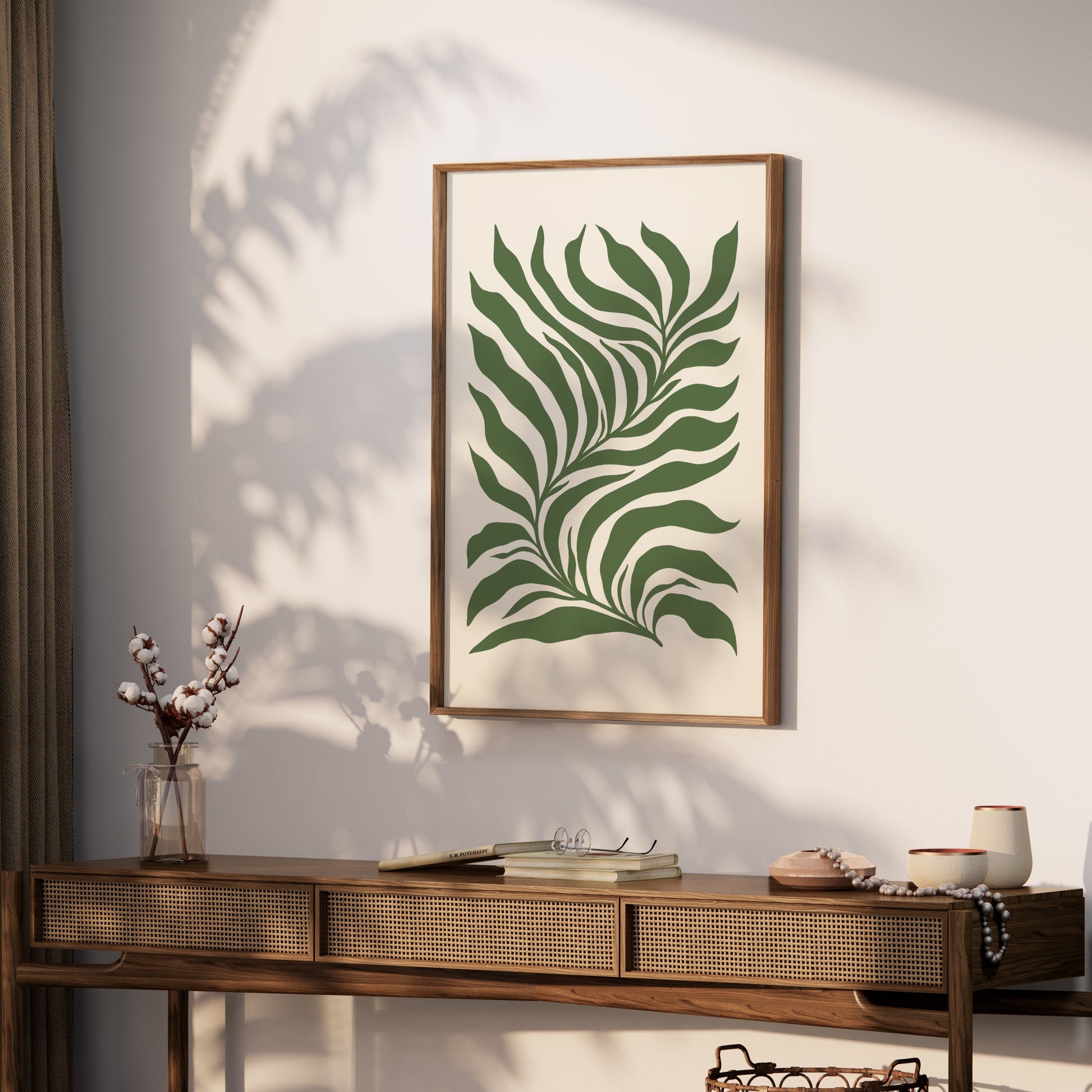 Premium Poster of Tropical Leaf Pattern Art Green and Beige Aesthetic Posters