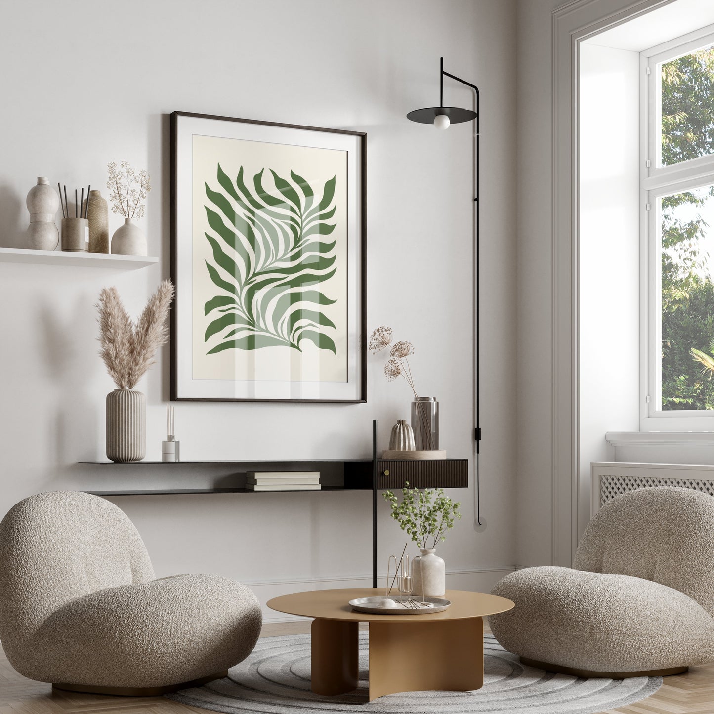 Premium Poster of Tropical Leaf Pattern Art Green and Beige Aesthetic Posters
