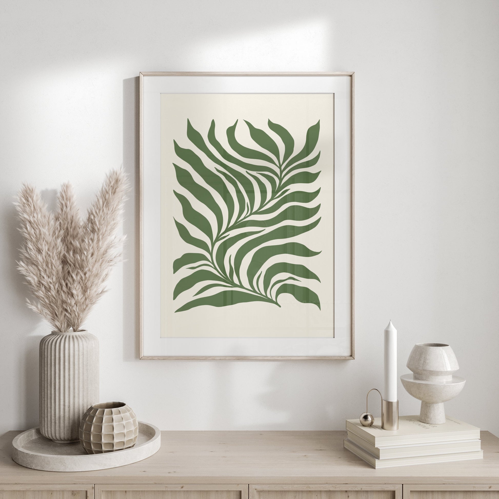 Premium Poster of Tropical Leaf Pattern Art Green and Beige Aesthetic Posters