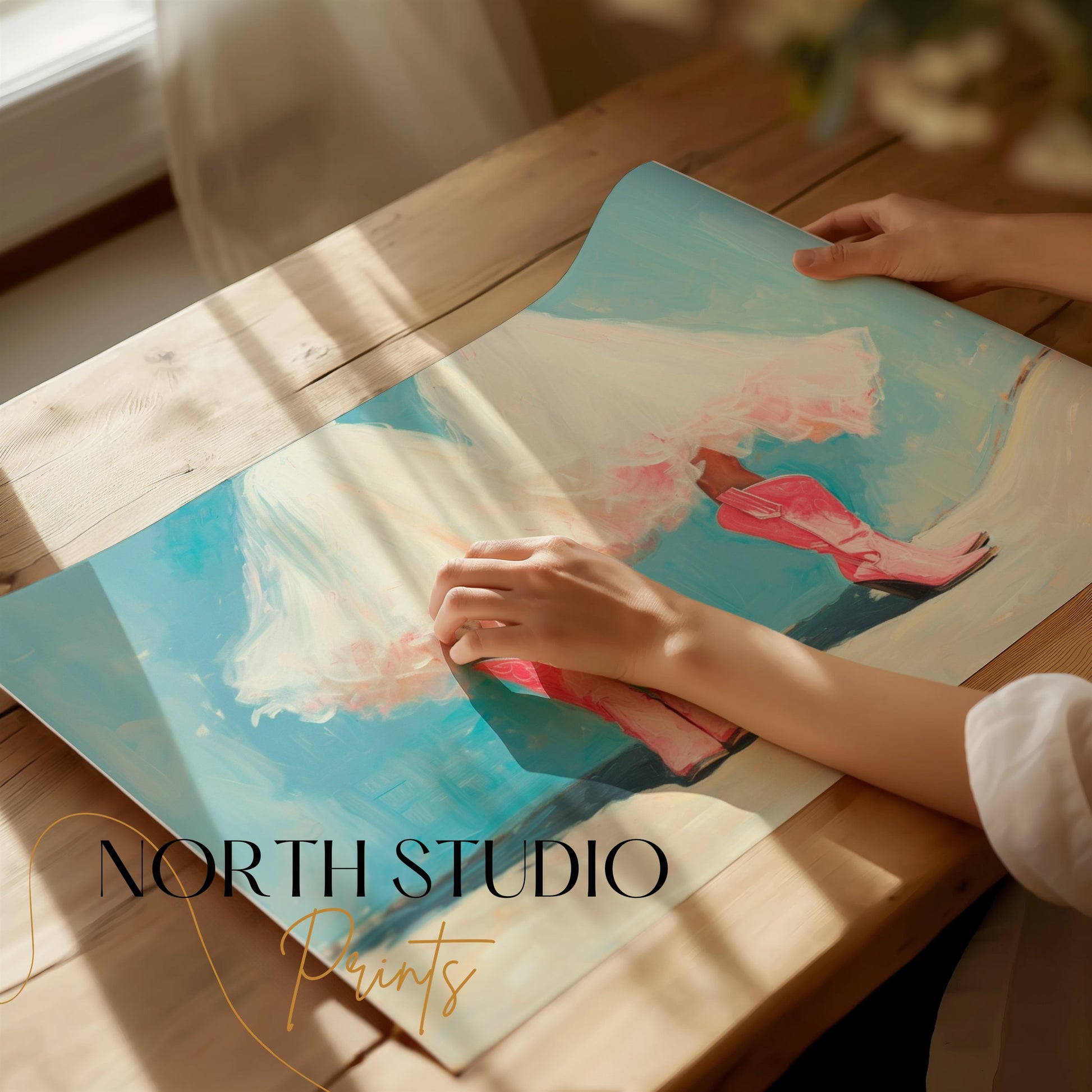 Premium Poster of Two Women In White Dresses Wearing Pink Boots Posters