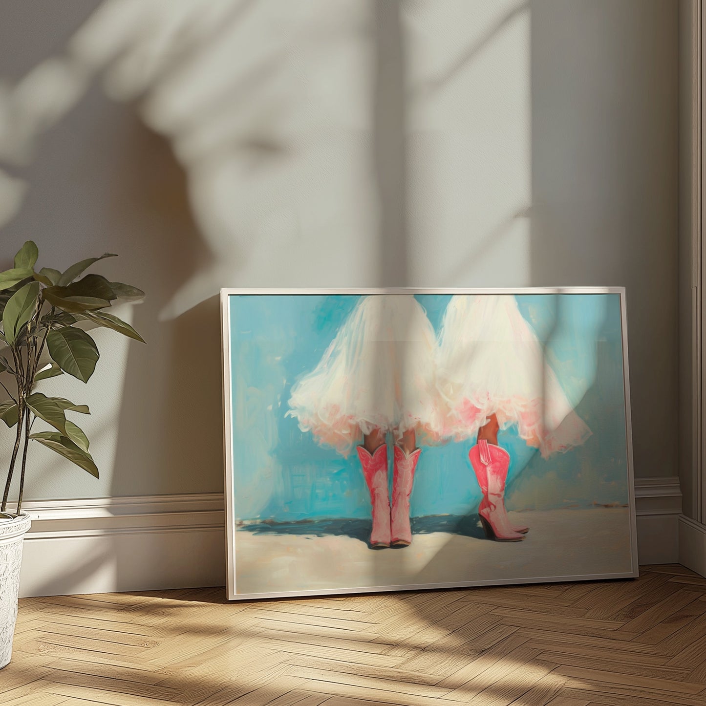 Premium Poster of Two Women In White Dresses Wearing Pink Boots Posters