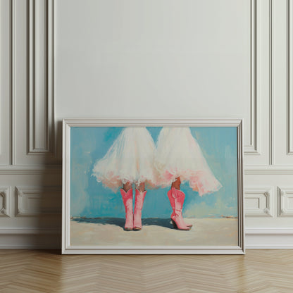 Premium Poster of Two Women In White Dresses Wearing Pink Boots Posters