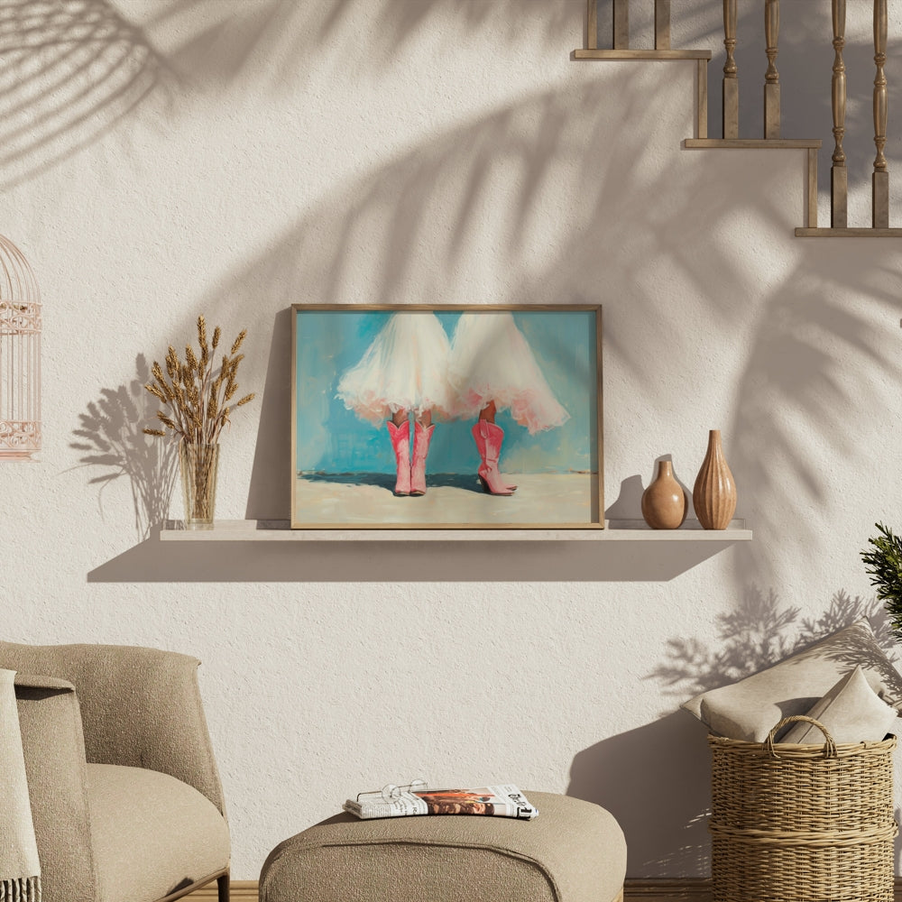 Premium Poster of Two Women In White Dresses Wearing Pink Boots Posters