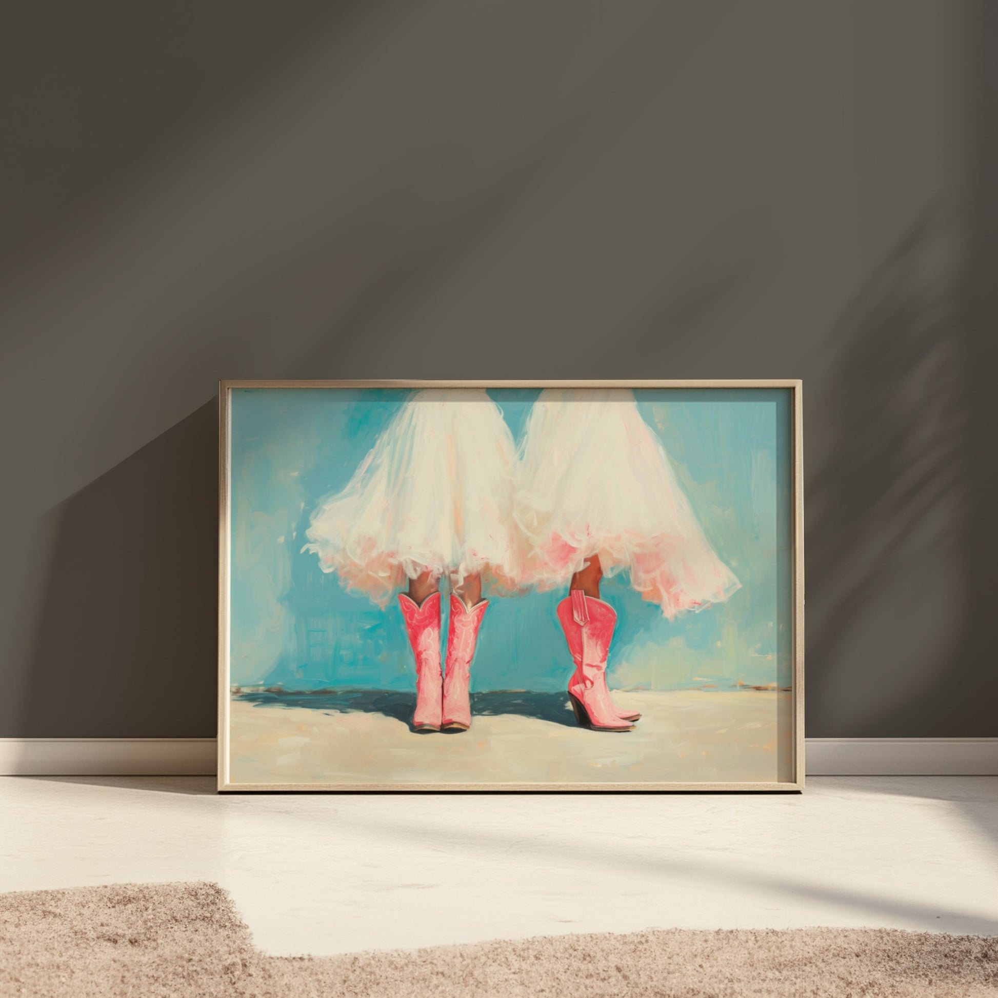 Premium Poster of Two Women In White Dresses Wearing Pink Boots Posters