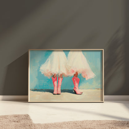 Premium Poster of Two Women In White Dresses Wearing Pink Boots Posters