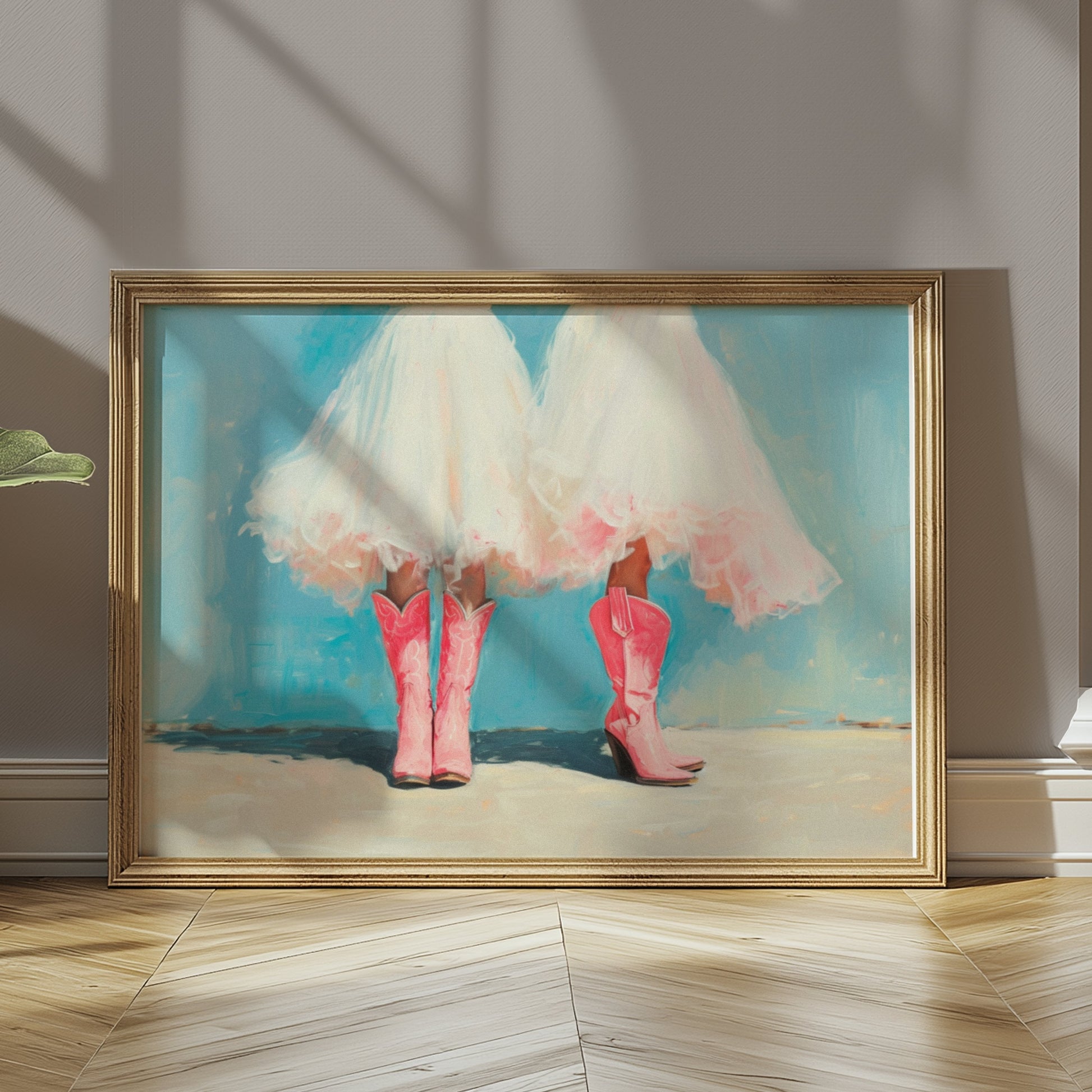 Premium Poster of Two Women In White Dresses Wearing Pink Boots Posters