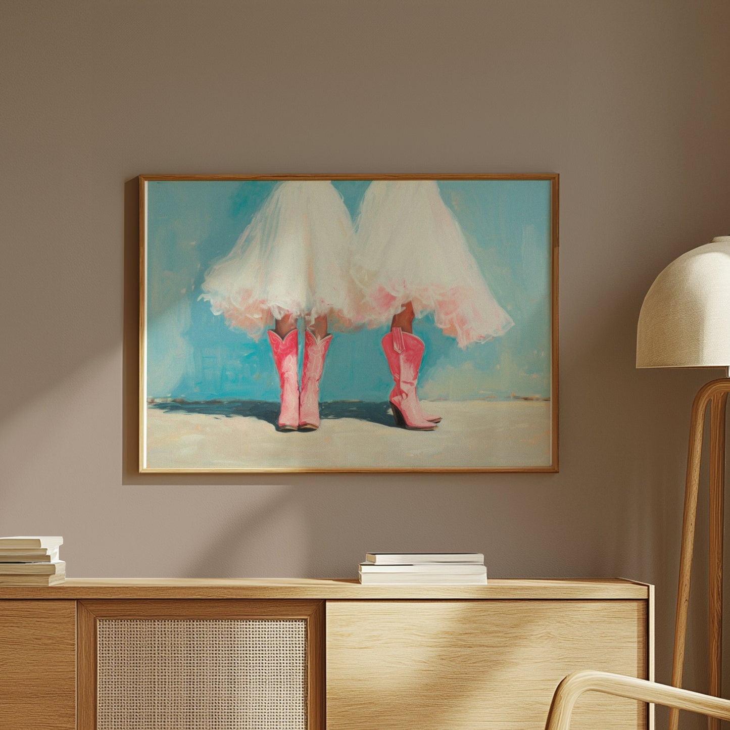 Premium Poster of Two Women In White Dresses Wearing Pink Boots Posters
