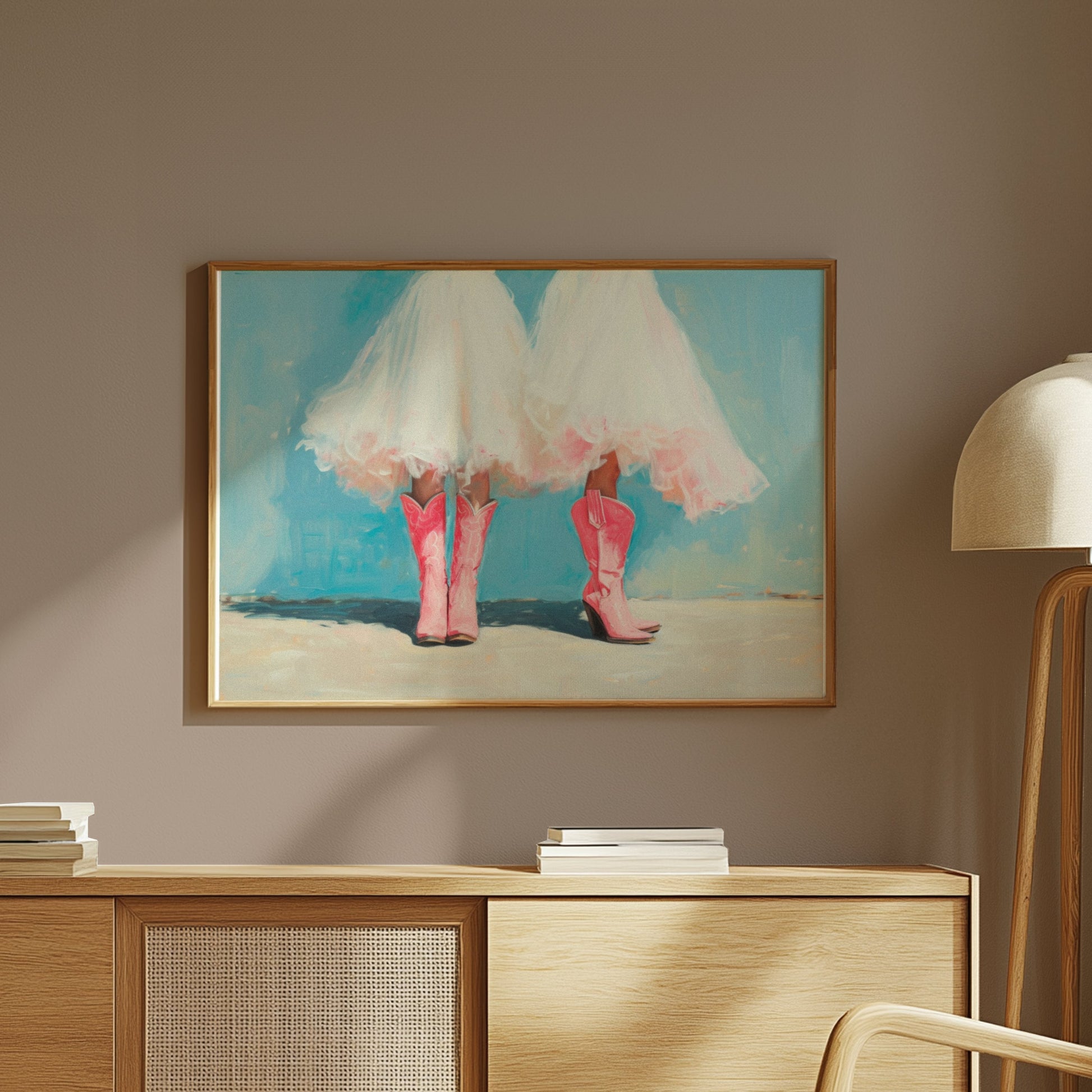 Premium Poster of Two Women In White Dresses Wearing Pink Boots Posters