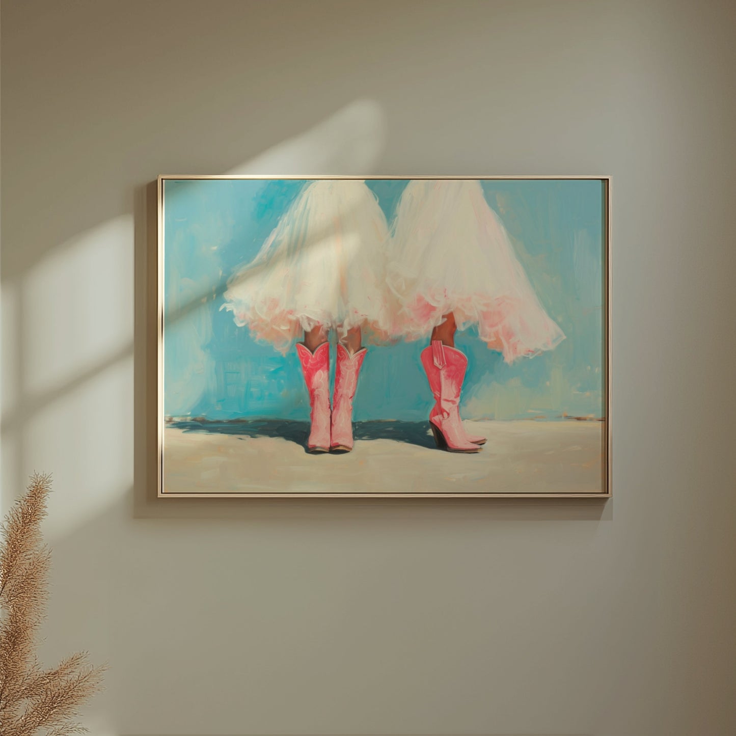 Premium Poster of Two Women In White Dresses Wearing Pink Boots Posters