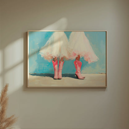 Premium Poster of Two Women In White Dresses Wearing Pink Boots Posters