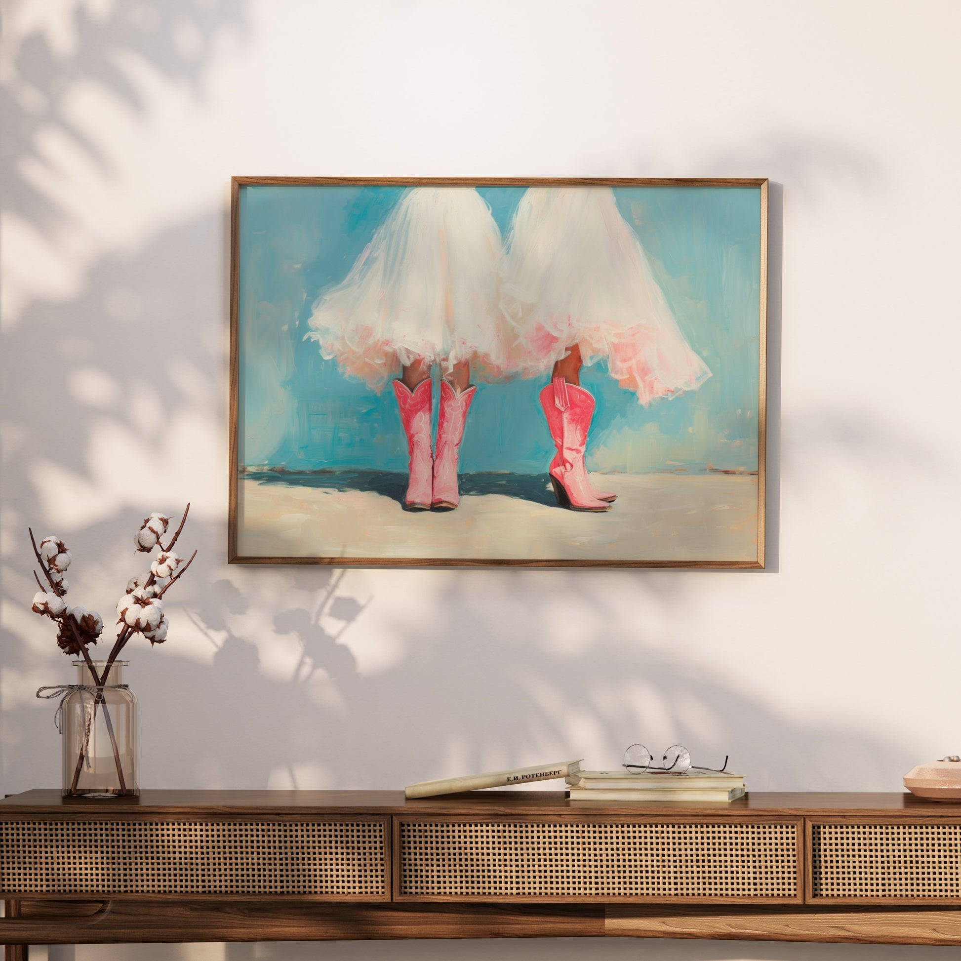 Premium Poster of Two Women In White Dresses Wearing Pink Boots Posters