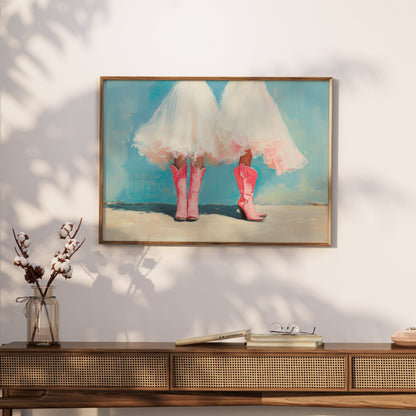 Premium Poster of Two Women In White Dresses Wearing Pink Boots Posters