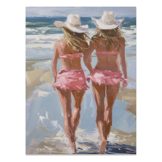 Premium Poster of Two Women at Beach in Pink Swimwear Art Posters