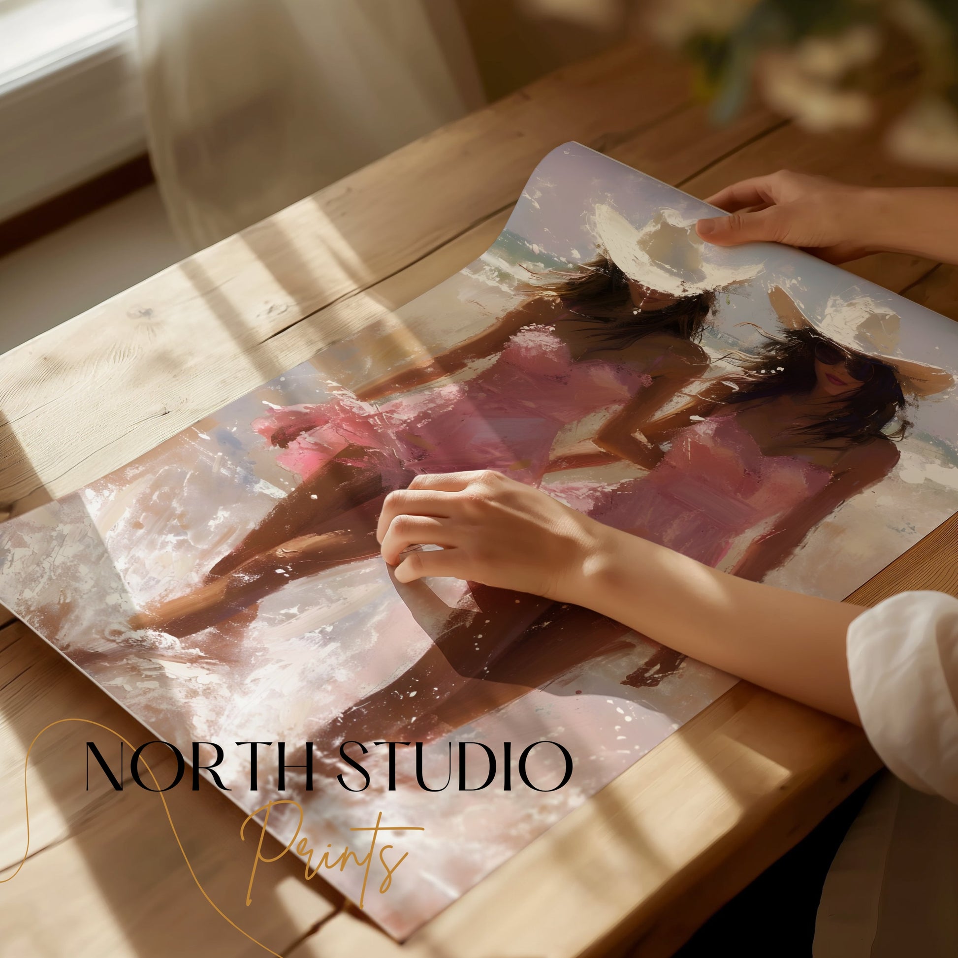 Premium Poster of Two Women in Pink Dresses with Cowboy Hats on Beach Posters