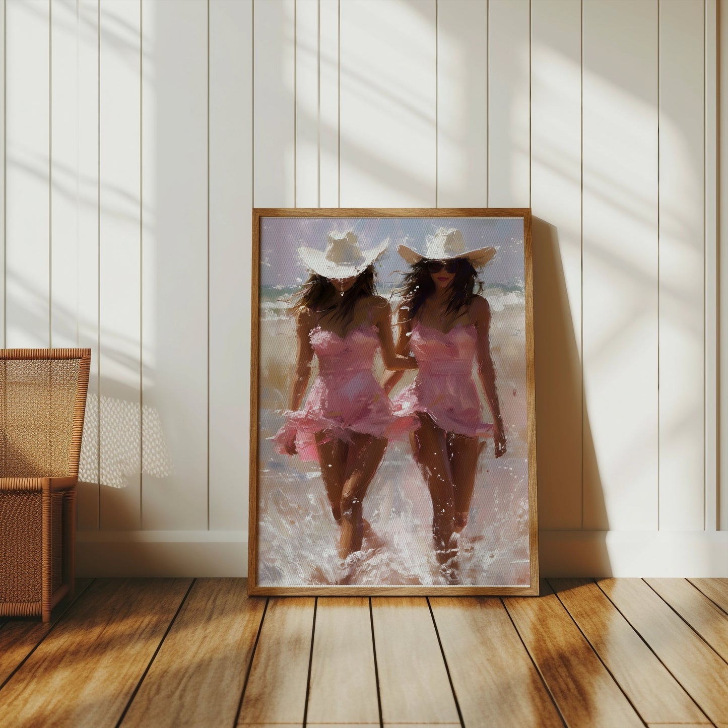 Premium Poster of Two Women in Pink Dresses with Cowboy Hats on Beach Posters