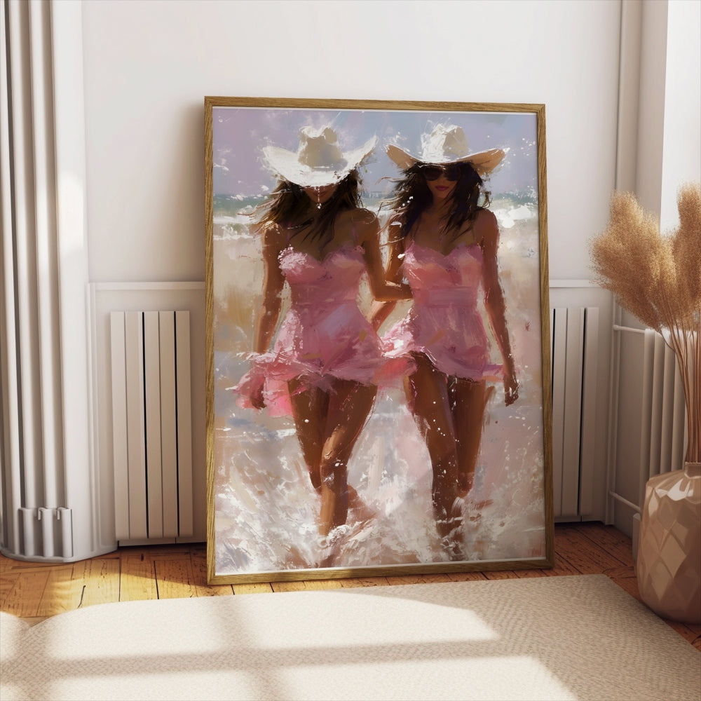 Premium Poster of Two Women in Pink Dresses with Cowboy Hats on Beach Posters