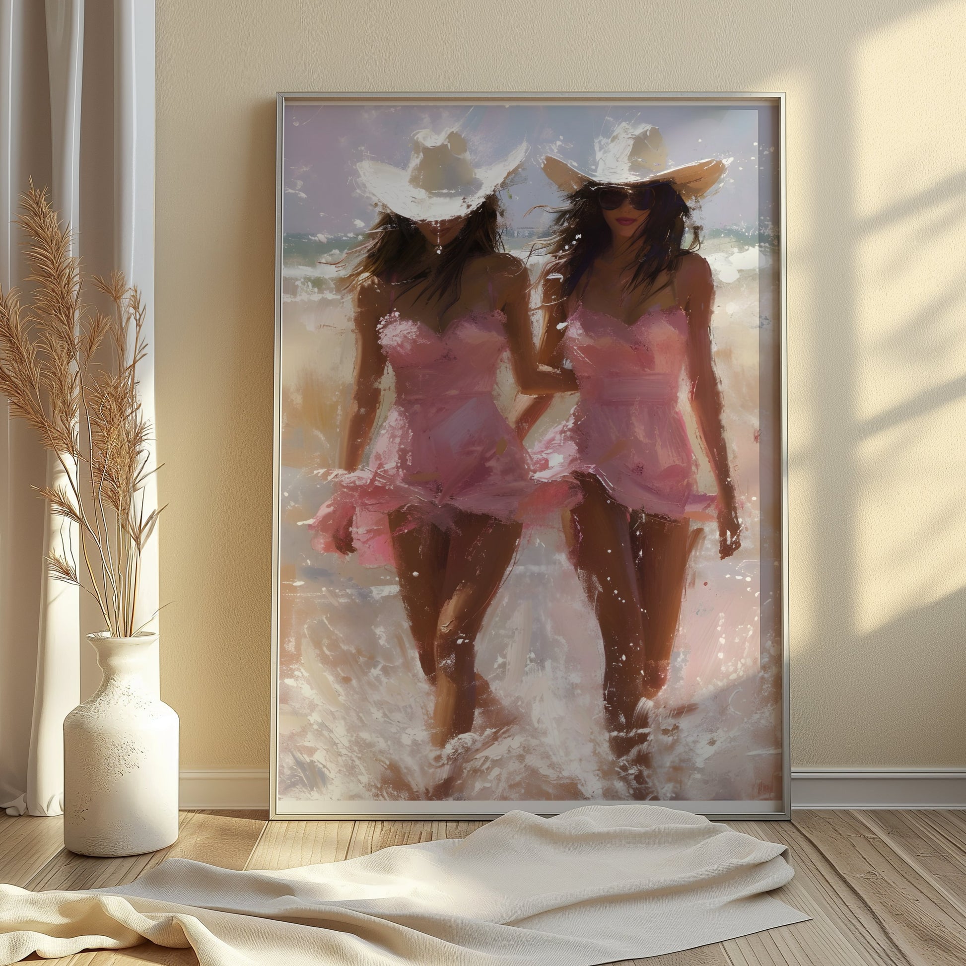 Premium Poster of Two Women in Pink Dresses with Cowboy Hats on Beach Posters